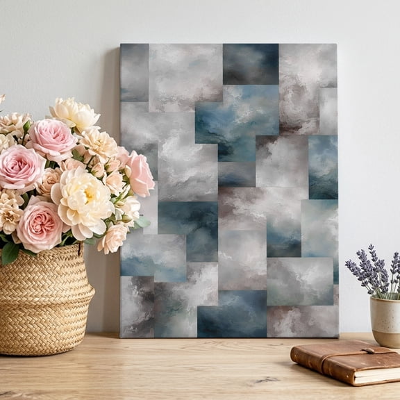 Canvas Wall Art Abstract Block Canvas Art Print Minimalist Beige Blue Overlapping Tiles Textured Pictures Wall Decor for Living Room Bedroom Artwork Decorations Stretched Framed Ready to Hang 16"x24"