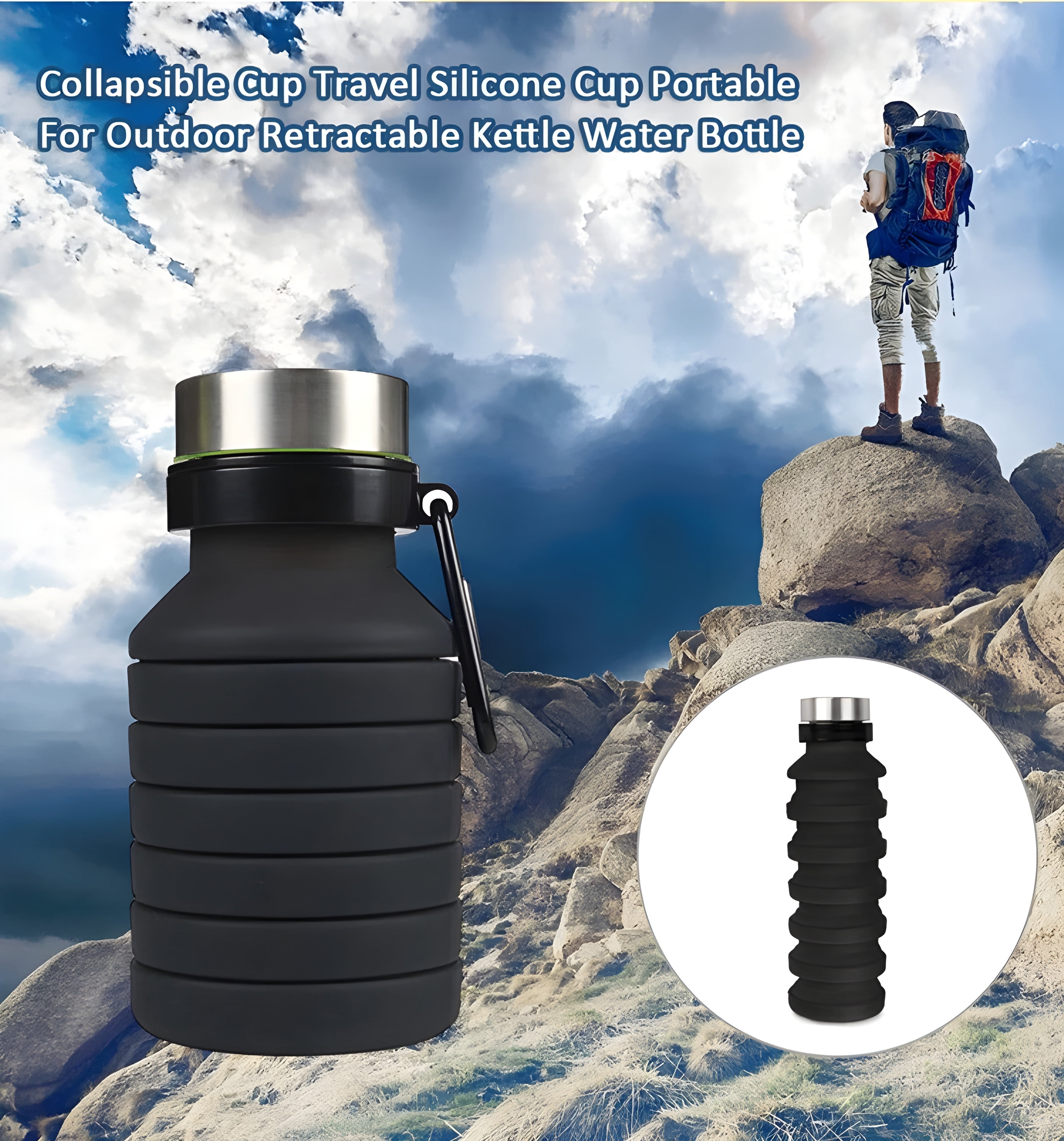 BEQU 550ml/18 Fl Oz Collapsible Silicone Water Bottle, Reusable, BPA Free, Dishwasher-Safe, Portable, Leak Proof, Use for Home Office Sports Travel Gym Camping Hiking (2PK Black-Orange)