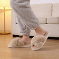 thumbnail image 7 of Litfun Women's Fuzzy Slippers Open Toe Cross Band Slippers Memory Foam House Slippers for Women, Camel, 7 of 7