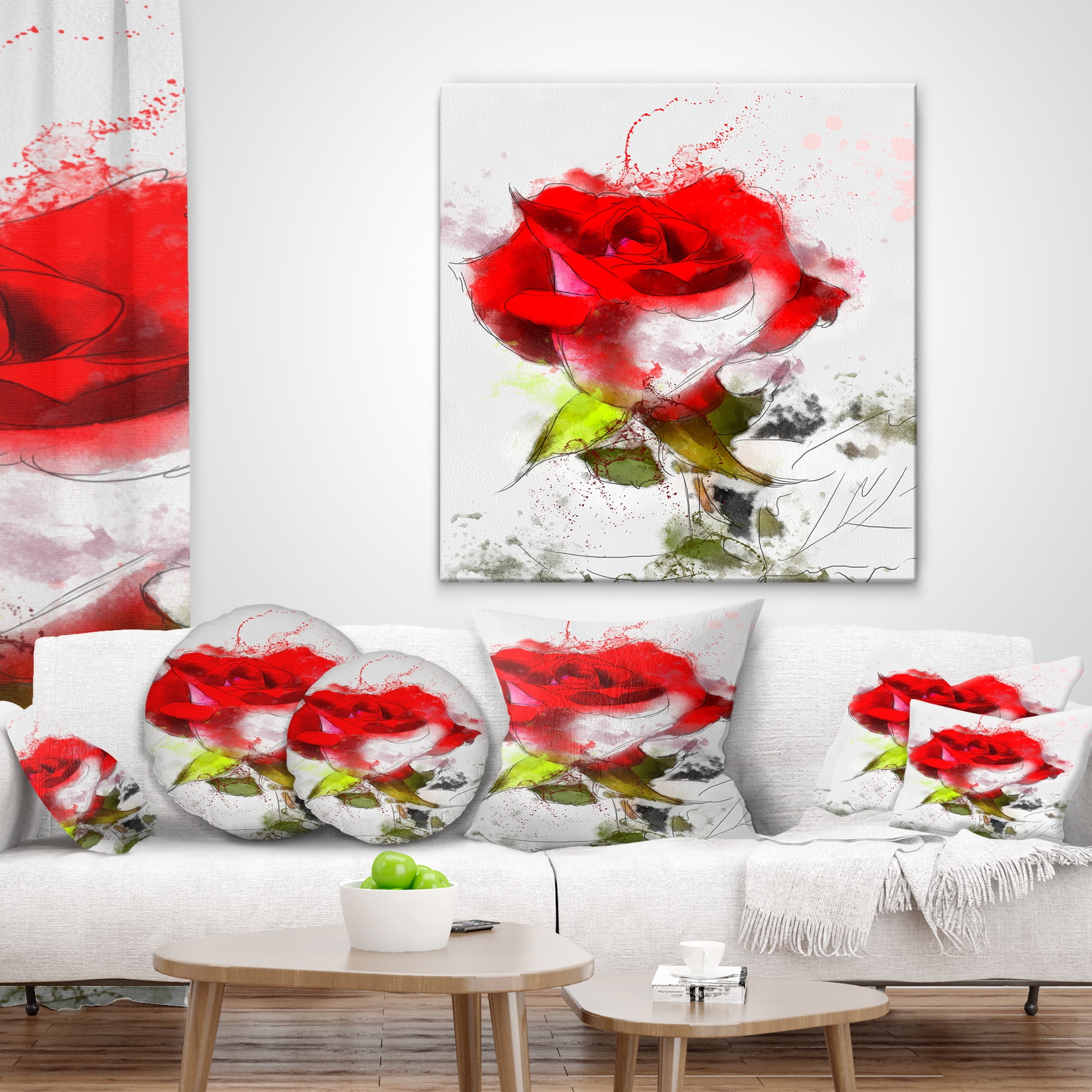 Designart Hand drawn Watercolor Rose Flower - Floral Throw Pillow - 16x16
