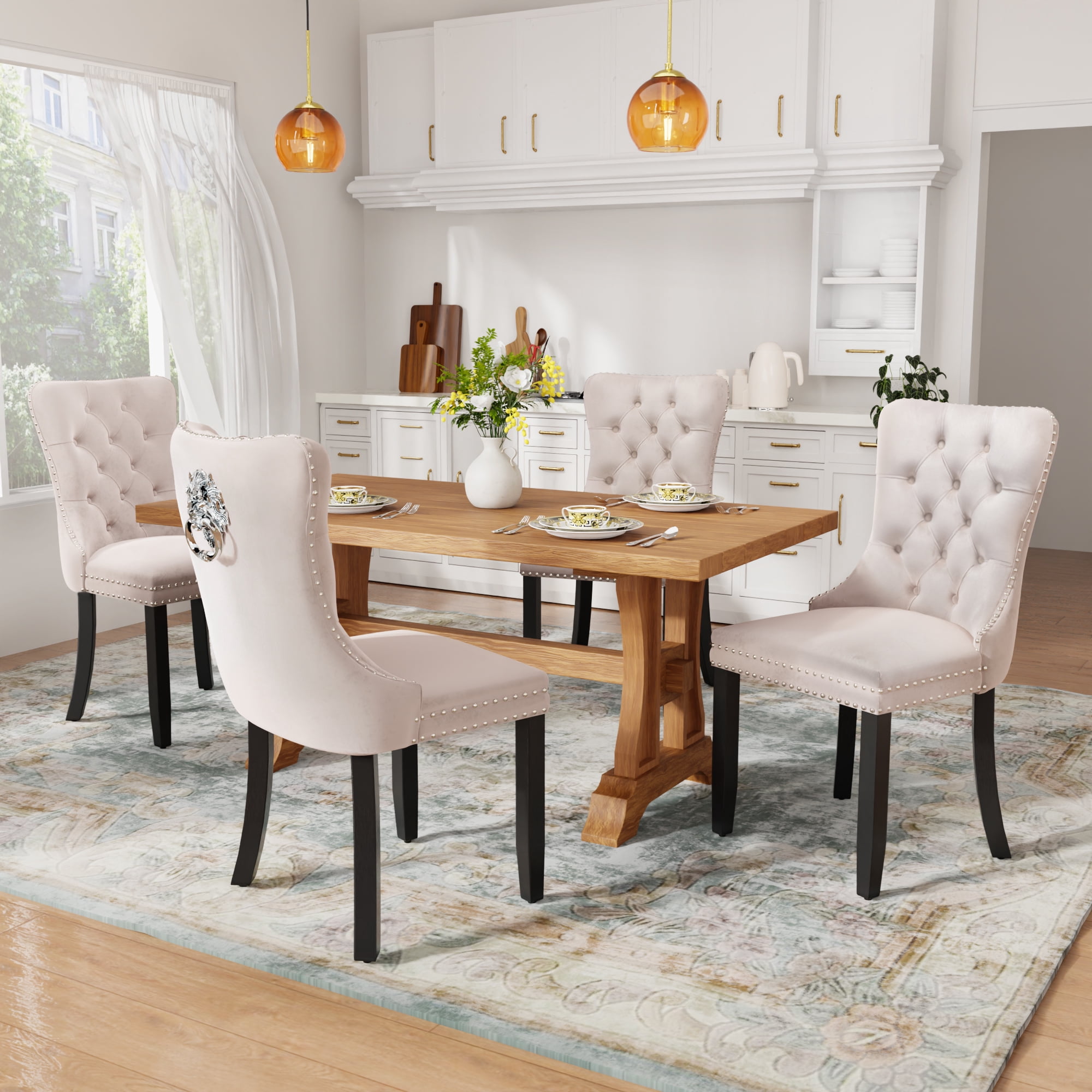 DONICK Velvet Upholstered Dining Chairs , Kitchen & Dining Room Chairs, Nailheads Tufted, Soft, Solid Wood Frame (Beige, Set of 2)