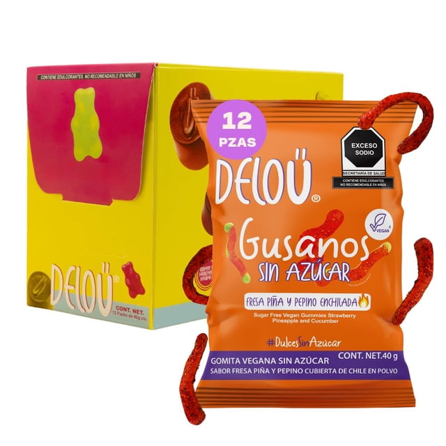 Delou | Gomitas Sin Azúcar - Sabor Fresa, Piña y Pepino Enchilada - Pack 12 unidades de 40 gr - Dulces Sin Azúcar - Bajas en Calorías y Cabohidratos - Ingre