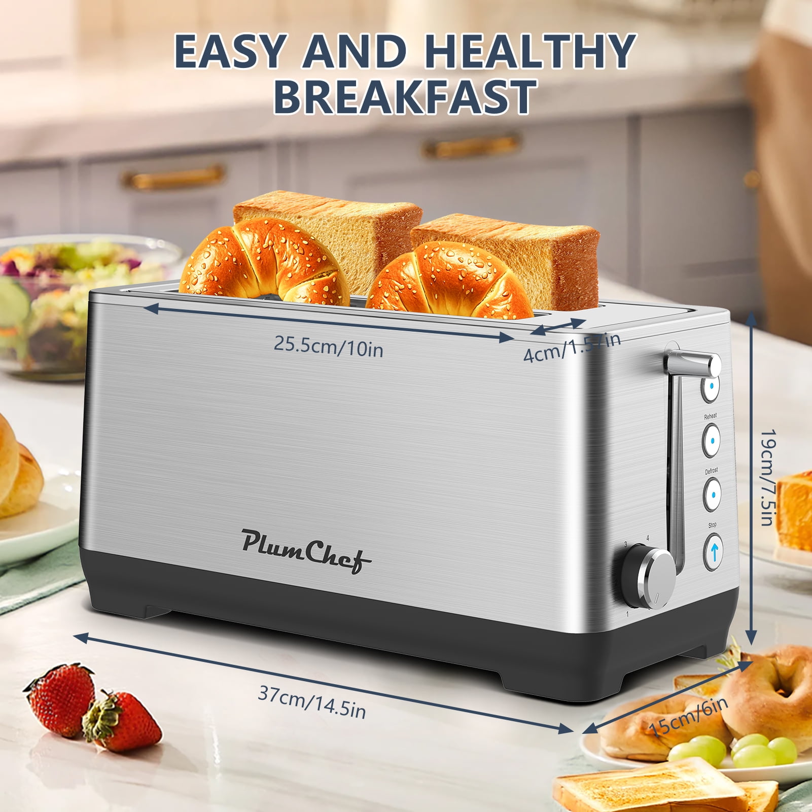 Plum Chef Long Slot 4 Slice Toaster 1600W, for Bagels & Waffles, 6 Browning Levels, 4 Basic Functions & Removable Tray, Kitchen Gadgets, Silver