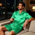 thumbnail image 6 of Lumtrix Mens Satin Silk Pajamas Sets Short Sleeve Button-Down Sleepwear Two Piece Loungewear with Pockets Green L, 6 of 6