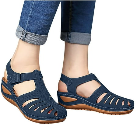 

qucoqpe Women s Wedge Sandals Soft Leather Vintage Anti-Slip Sandals Casual Flat Nude Hollow Out Shoes Comfy Roman Beach Sandals for Outdoor Sports