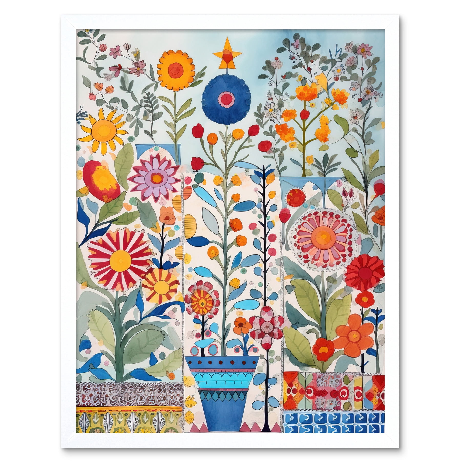 Garden Flowers Folk Art Watercolour Painting Art Print Framed Poster ...