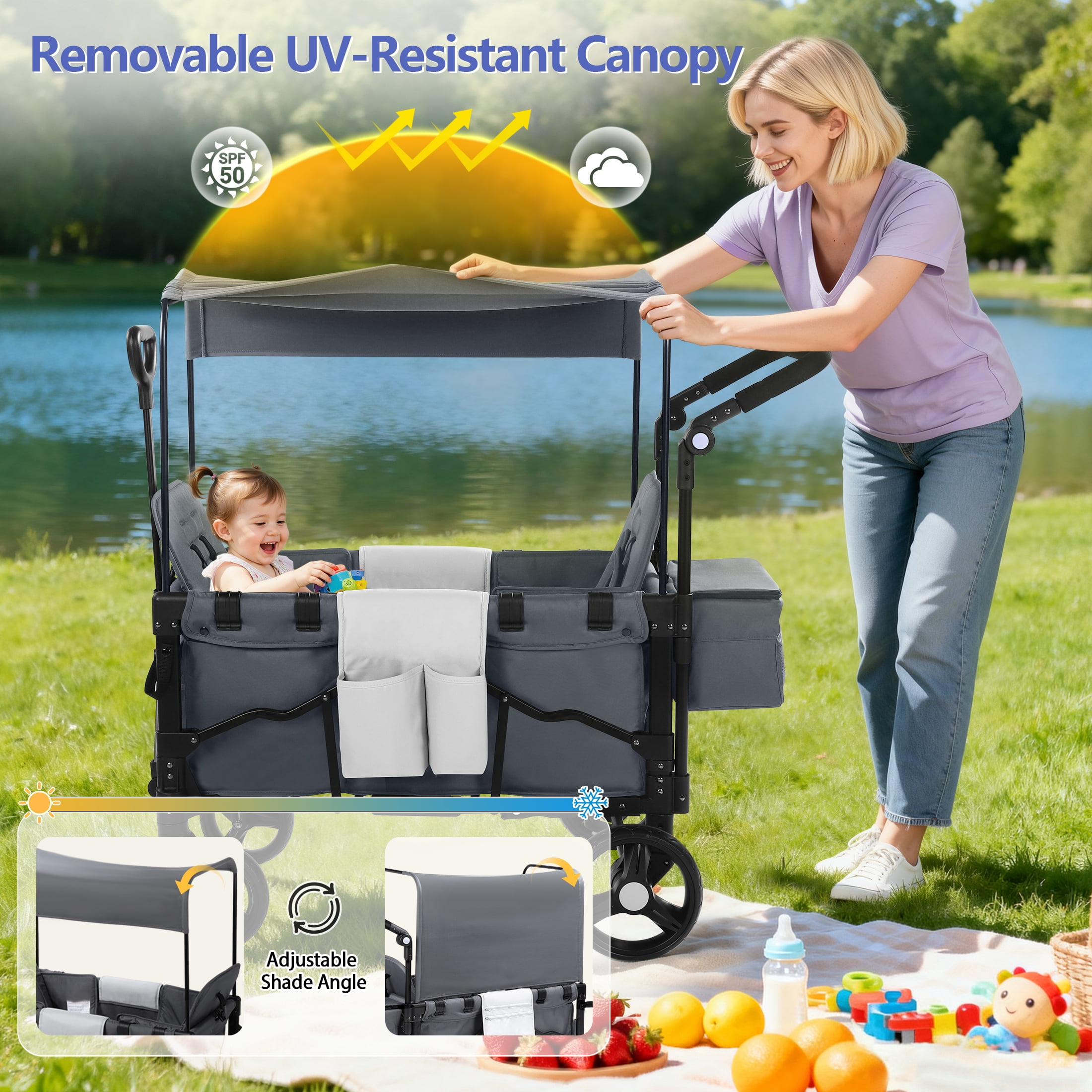 Minikid Baby Wagon Stroller for 2 Kids,Toddler Stroller With Canopy, Gray
