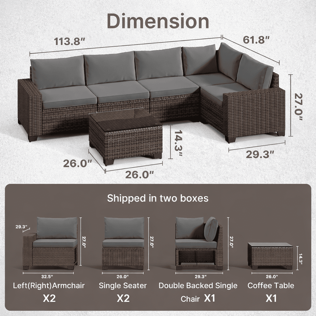 6-Piece Outdoor Patio Conversation Set, All-Weather Gray PE Wicker Sectional Sofa with Coffee Table & Thick Cushions