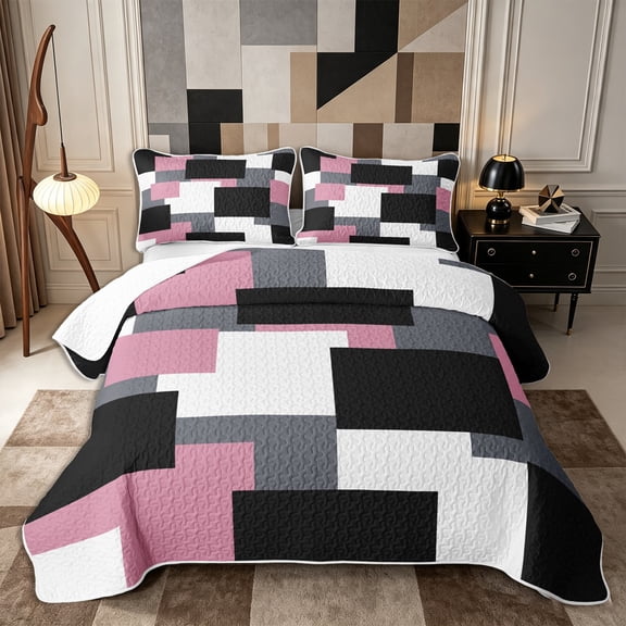 Castle Fairy Retro Offset Rectangle Block Twin Quilt Set 2 Pieces,Geometric Abstract Mosaic Twin Coverlet Set,Dusty Pink Gray Black,1 Bedspread and 1 Pillowcase