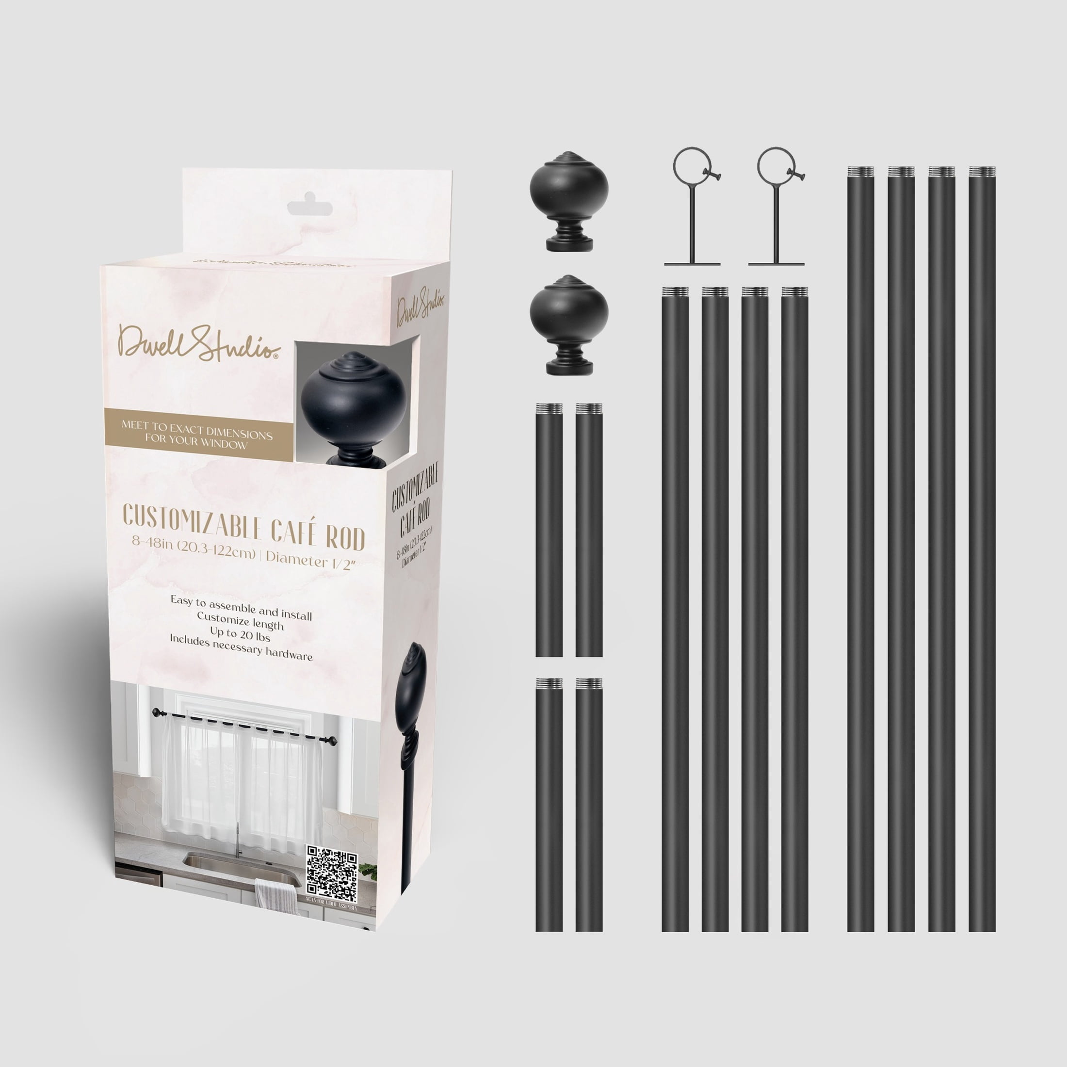 Dwell Studio, Cutomizable Café Rods, 1/2" Iron Material, 8 inch-48 inch Kit, Matte Black