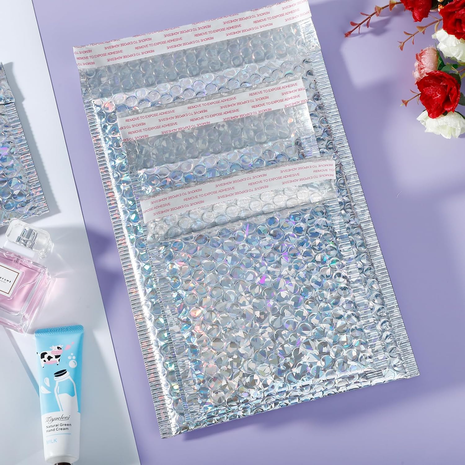 50 Pieces Holographic Bubble Mailers,3 Sizes Metallic Bubble Mailers,Sliver Foil Glitter Padded Envelopes,Self Sealing Waterproof Shipping Bags,Cushion Envelopes for Mailing Packing
