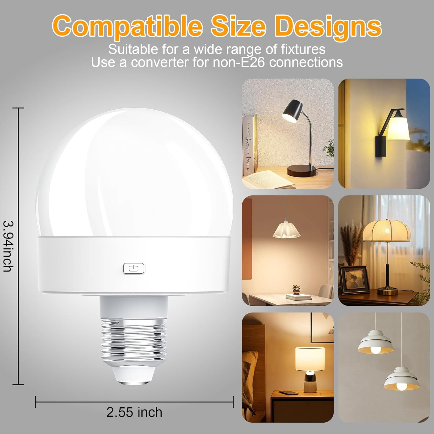 Rechargeable Battery Operated Light Bulbs, 300LM E26 Socket (Magnetic Detachable) Light Bulb for Lamps with Remote Control Dimmable＆Timer, Puck Emergency Lamp for Non-Hardwired Wall Sconce (Pack