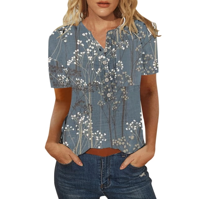 Gibobby Playera Manga Corta para Mujer Camiseta suelta informal con cuello en V para mujer, blusa manga corta con estampado(Azul,CH)