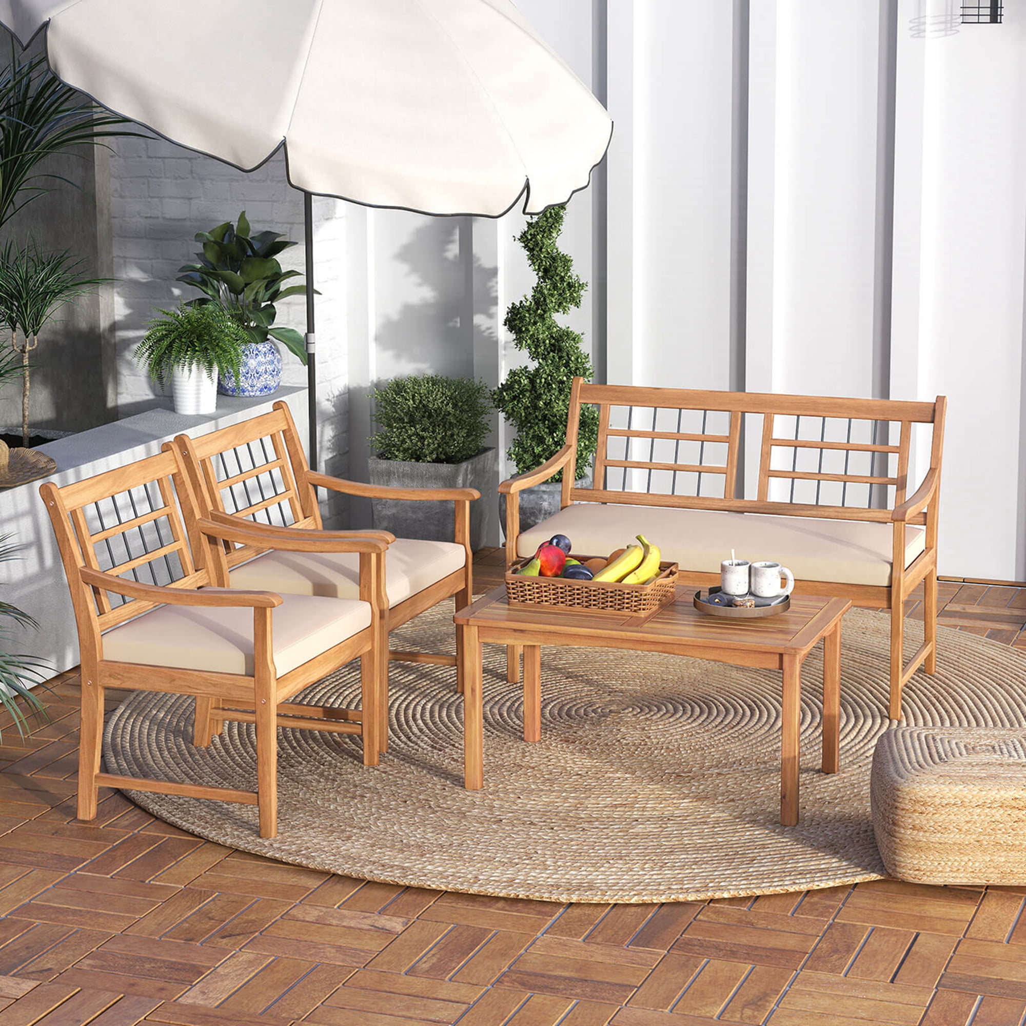 Costway 4 PCS Wood Patio Furniture Set with Soft Seat Cushions Solid Acacia Wood Frame Off White