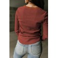 thumbnail image 3 of Women's Brown Trimmed Neckline Waffle Knit Henley Top, 3 of 5