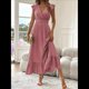 thumbnail image 4 of Vestido de Verano para Mujer, Elegante, con Escote en V, Volantes, Mangas Sueltas, Cintura Plisada, para Invitada de Boda. Rosa M, 4 of 8