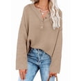 thumbnail image 3 of Women'S Oversized Sweaters Batwing Long Sleeve Loose V Neck Button Henley Tops Pullover Knit Jumper Brown L, 3 of 6