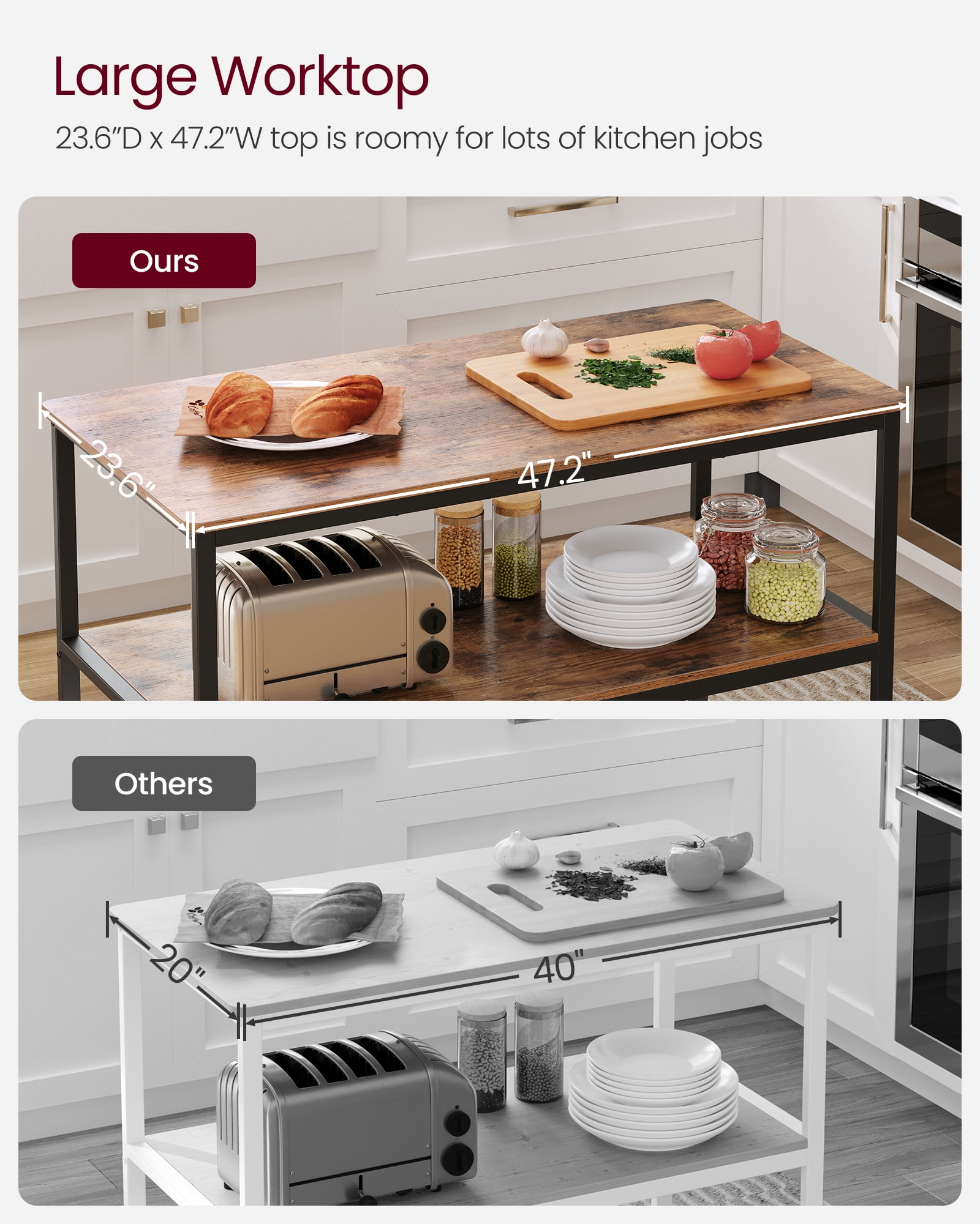 Kitchen Island with 3 Shelves, Island Table, 47.2 Inches Width Kitchen Shelf with Large Worktop, Stable Steel Structure, Industrial