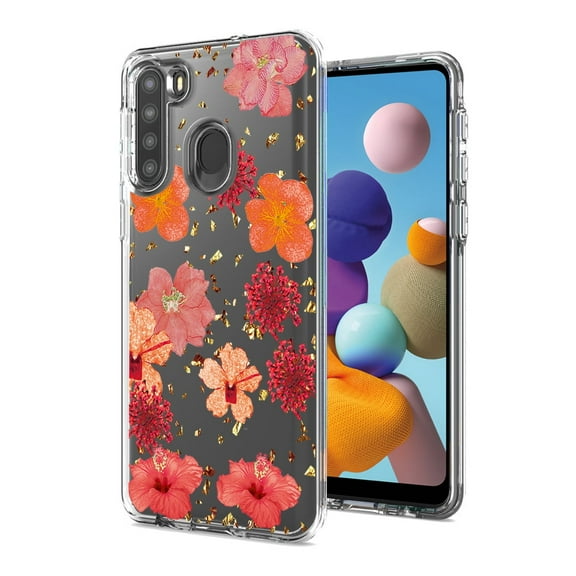 For SAMSUNG GALAXY A21 Phone Cases, TPU Floral Design Hard PC Slim Fit Cover Pressed dried flower Design Phone case for SAMSUNG GALAXY A21 in Red