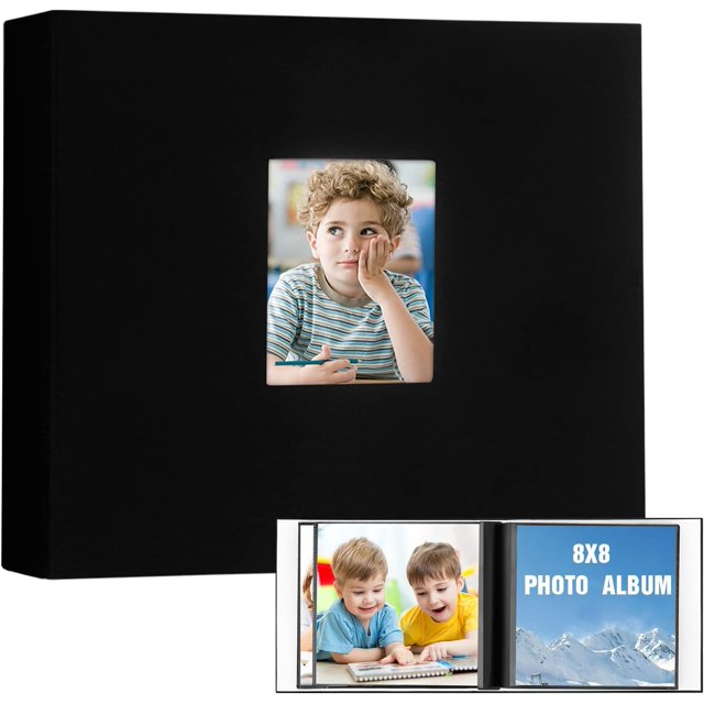czcpp-Photo Album 8x8, 8x8 Photo Album Hold 68 Photos, Fabric Linen Cover 8x8 Photo Album Book with Front Window, Black Inner Page Photo Album for 8x8 Picture Artwork, Wedding Family Baby Photo Album