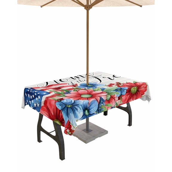 Outdoor Tablecloth with Umbrella Hole for Patio/Picnic/Party/Camping, 4th of July Waterproof Table Cloth Rectangle Table Cover Washable, Independence Day Blue Red Floral Retro 52"x 70"