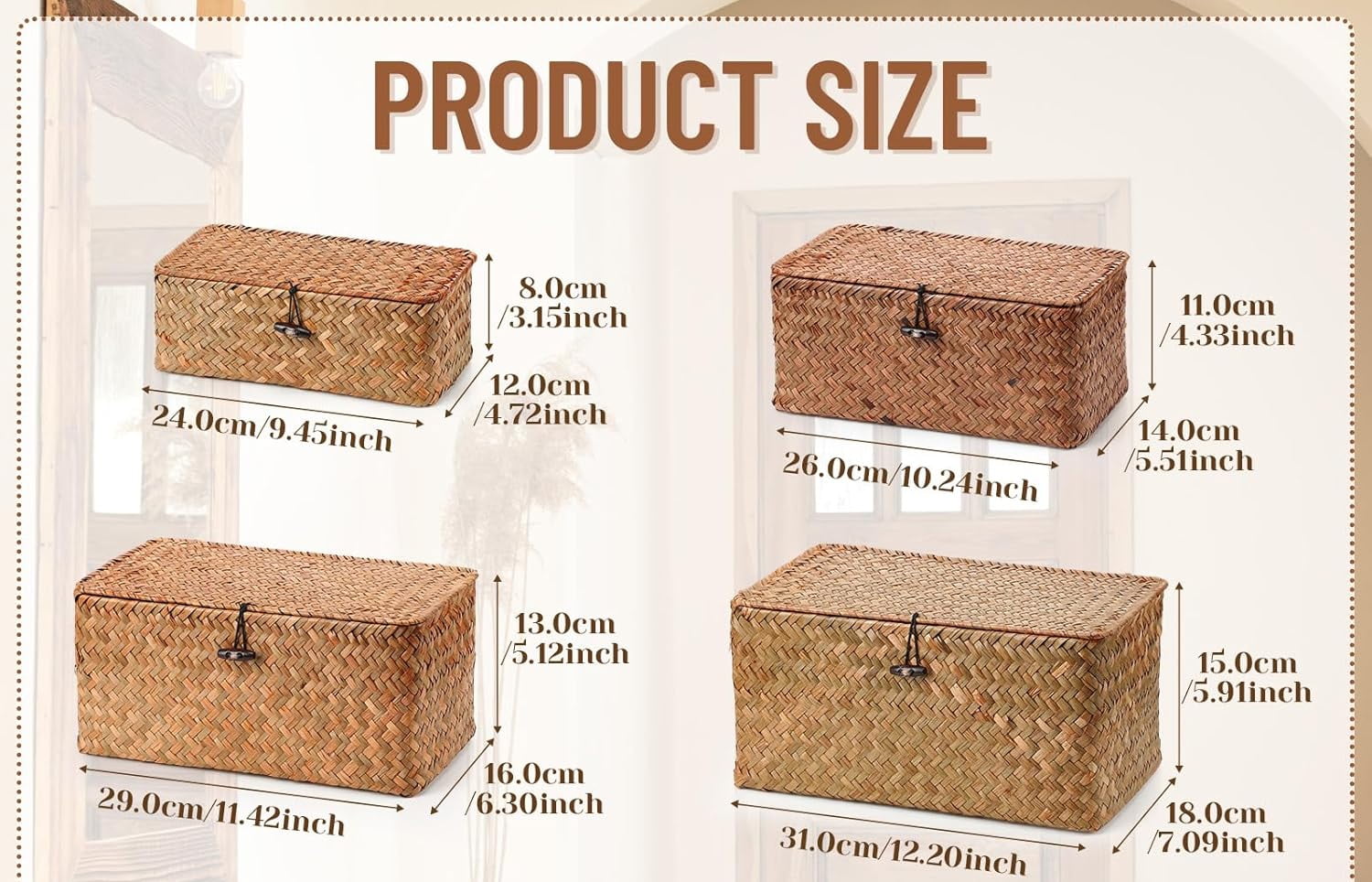 4 Pack Wicker Basket with Lid Storage Basket Decorative Storage Boxes with Lids,Hand-Woven Desktop Basket,Rectangular Household Basket Boxes for Shelf Closet Bedroom, Kitchen, 4 Sizes(Natural)