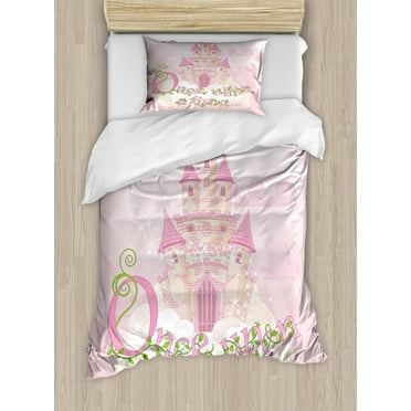Once Upon a Time Duvet Cover Set Twin Size, Fairy Princess Castle on Sky Clouds Surreal Dream World Girls Story, Decorative 2 Piece Bedding Set with 1 Pillow Sham, Rose Cream Green, by Ambesonne