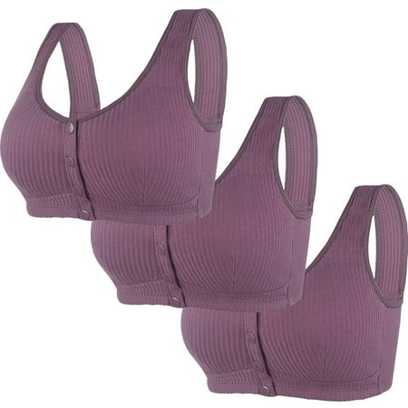REORIAFEE No Underwire Bras for Women 3 Pack Front Closure Gathered Together Wireless Bras Striped Brassiere Comfy Wide Strap Breathable Corset Underwear Comfortable Lingerie Purple XL42/95