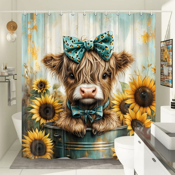 Cute Highland Cow Shower Curtain - Teal Farmhouse Western Rustic Wooden Funny Cattle in Bucket Animal Design Bath Decor with Sunflowers, Polyester Fabric with Hooks 69X70IN