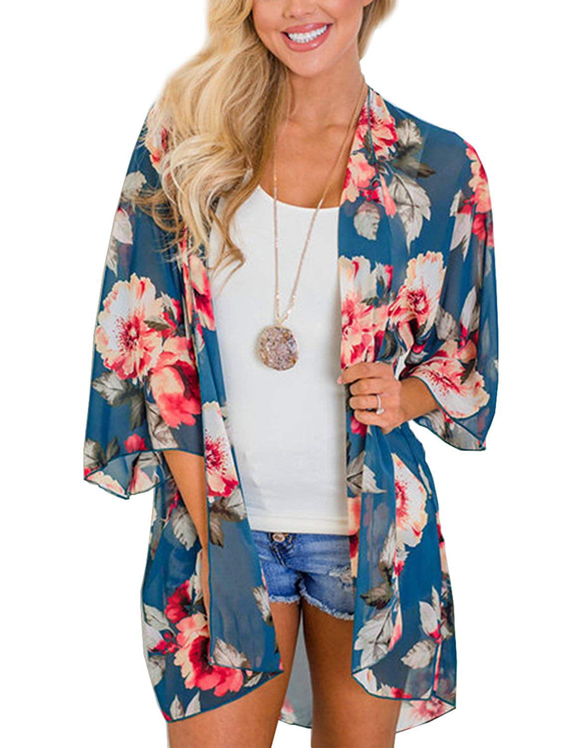 Women Floral Kimono Cardigans Chiffon Casual Loose Open Front Cover Up  Blouse Tops M Blue - Walmart.com