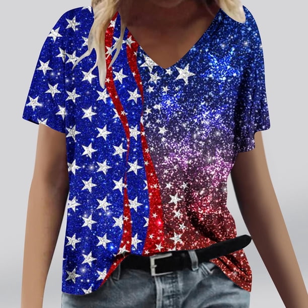 Fiudx Liquidación de Ahorros de Verano Camiseta de Manga Corta con Cuello En V Estampada para El Día de La Independencia Informal a La Moda para Mujer