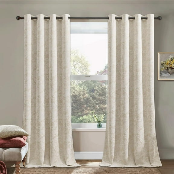 Beige Floral Jacquard Blackout Curtains 2 Panels 52x84 Inches for Bedroom Living Room