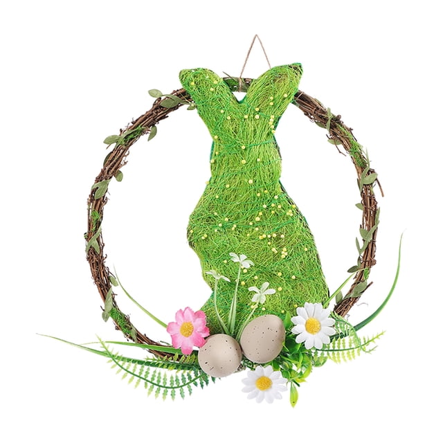 Easter Wreath Rattan Wooden Decorative Table Hanging Ornament, Artificial Flower Rabbits Door Hanger Indoor Decor, 9.84 Inch Spring Centerpiece