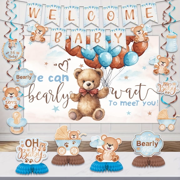 Teddy Bear Baby Shower Decoration with Backdrop, Welcome Baby Banner, Table Centrepieces, Hanging Swirls, Perfect for Gender Reveal & Baby Sprinkle