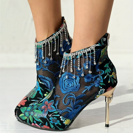 

XIAQUJ Fashion Spring and Summer Women Sandals Super High Heel Mesh Breathable Embroidery Flower Rhinestone Tassel Back Zipper Sandals for Women Blue 8(40)