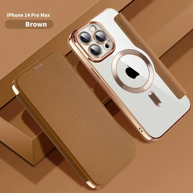 Electroplated Flip Leather Case for iPhone 16 15 14 13 12 11 Plus Pro Max for Magsafe Wireless Charging Protection Luxury Cover Brown For iPhone 13