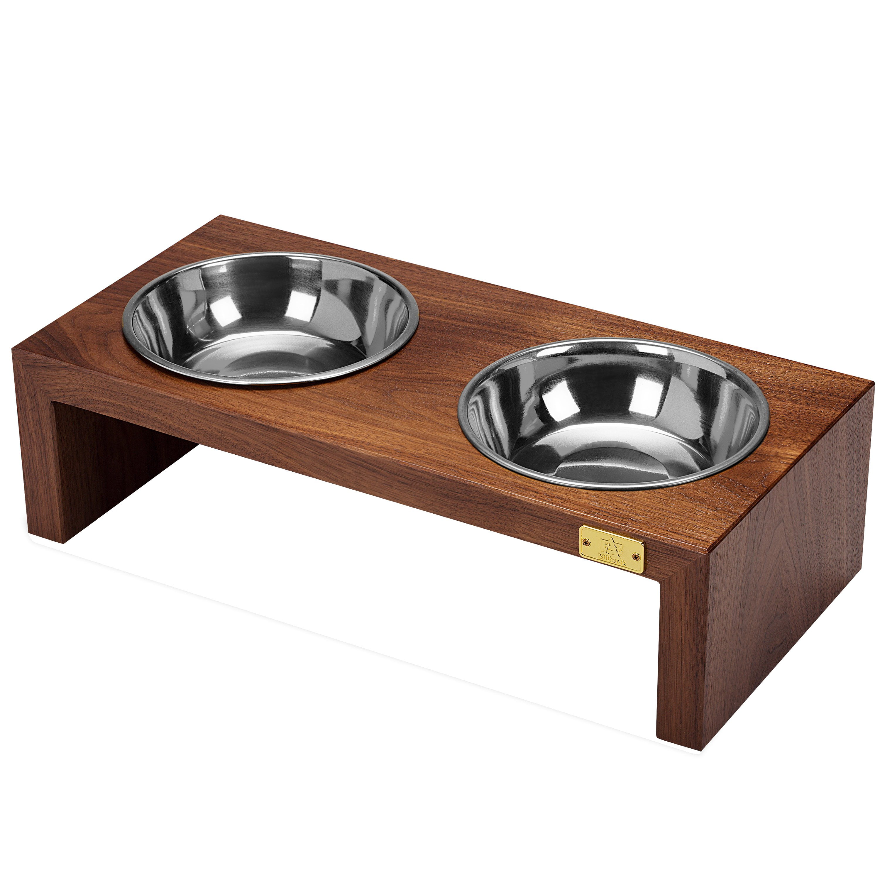 Pet Double SIlver Bowl Feeder Luxury Walnut Wood Station Large