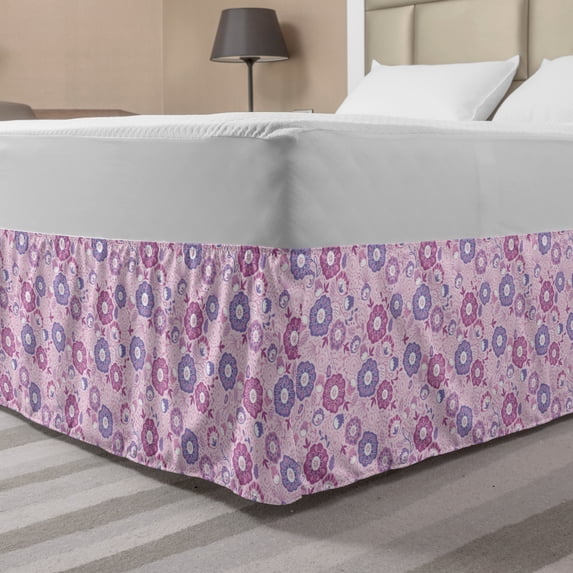 Floral Bed Skirt, Shabby Flower Petals Motif Retro Feminine Japanese Kimono Blossoms Ethnic, Elastic Bedskirt Dust Ruffle Wrap Around for Bedding Decor, 4 Sizes, Rose and Dark Magenta, by Ambesonne