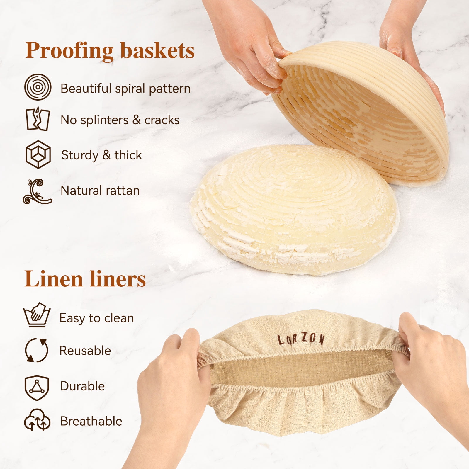 Lorzon Banneton Bread Proofing Baskets Set of 2, 10" Round & 11" Oval Sourdough Proofing Baskets with Sourdough Bread Baking Supplies, Bread Making Kit