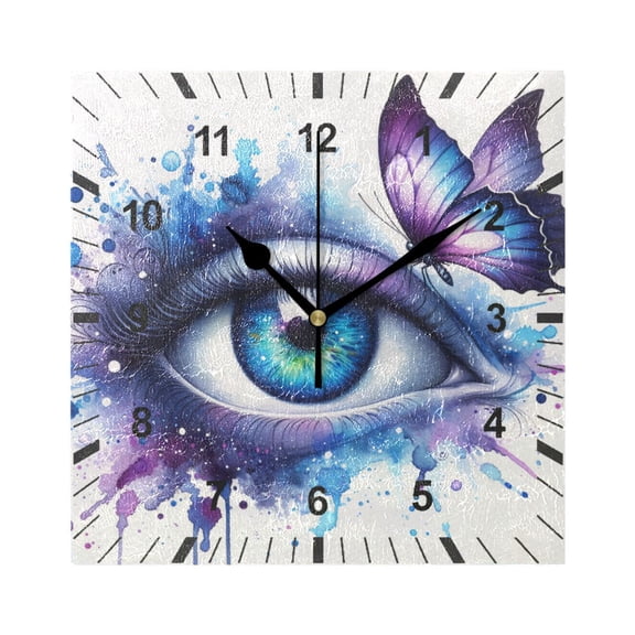 Watercolor Eye with Butterfly Wall Clock Battery Operated Silent Non-Ticking Bedroom Office Kitchen Home School Decor 7.8"(Black)