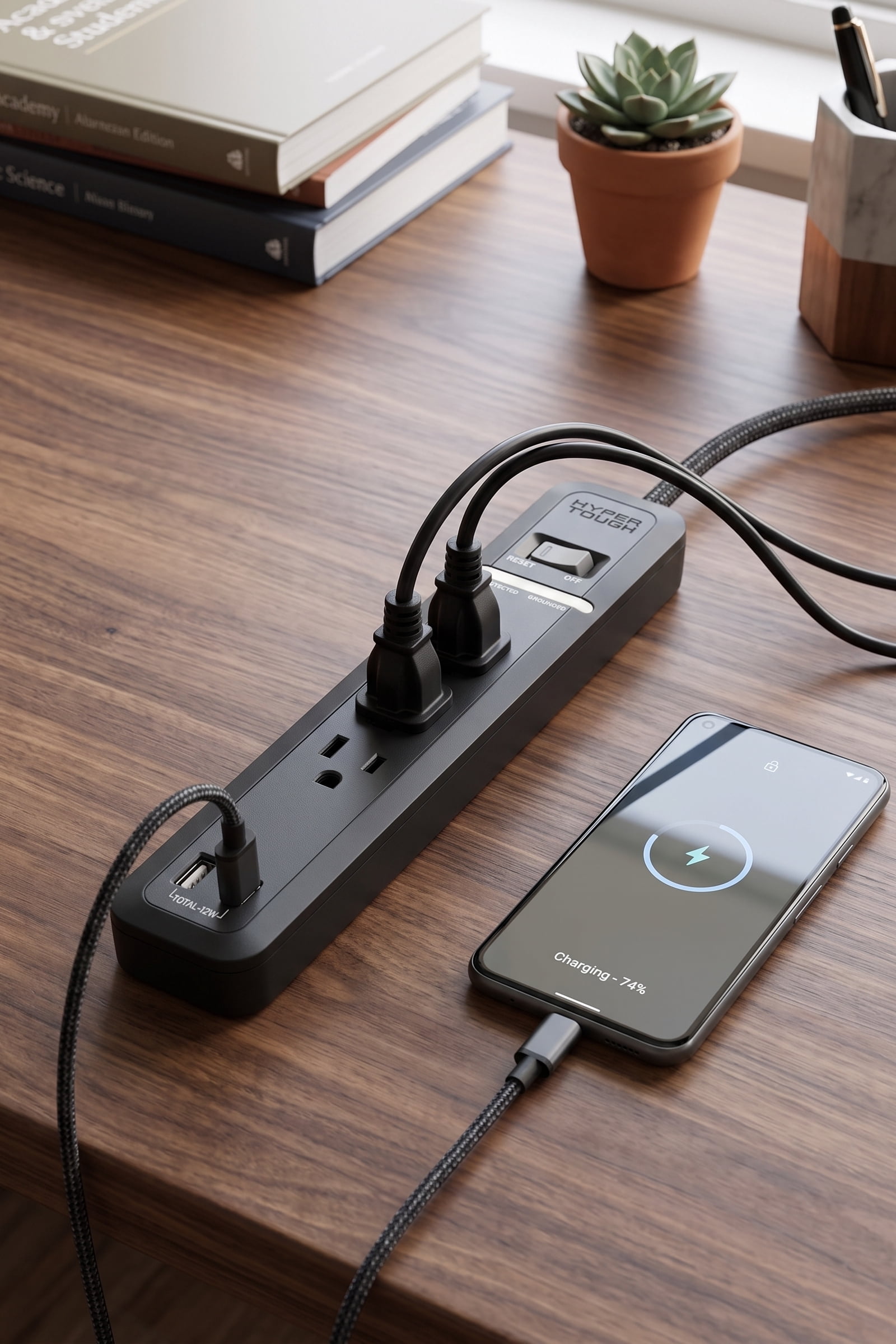 Hyper Tough 3-Outlet Power Strip with USB-A & USB-C, 6 Ft Extension Cord, Black