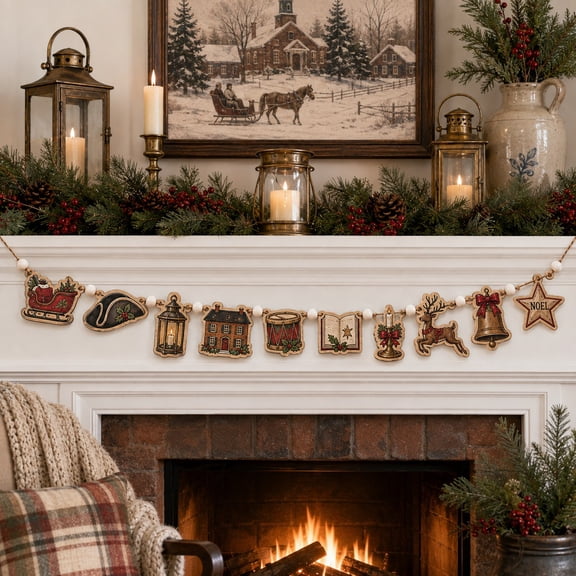 Colonial Christmas Sleigh Wooden Ornament Garland for Vintage Holiday Mantel Decor