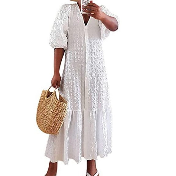 Summer Solid-Color Woven V-Neck Dress with Buttons, Pleats, and a Loose, Casual Fit