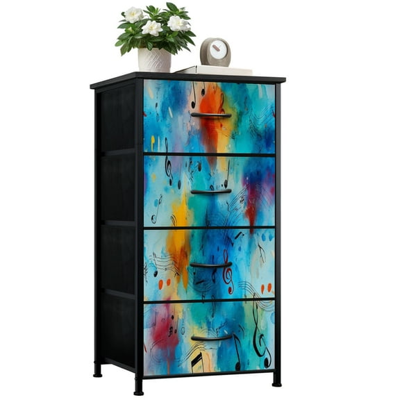 Vintage Dresser for Bedroom with 4 Storage Drawers Abstract Watercolor Music Notes Vibrant Blue Orange Hues Dressers Chest of Drawers Steel Framed Fabric Closet Organizers for Nursery Entryway