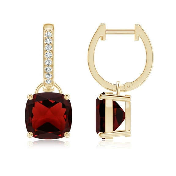 ANGARA Natural Cushion 5 ct Garnet Drop Earrings with Diamond Accents in 14K Yellow Gold for Women (Size-8mm) | January Birthstone, Anniversary, Jewelry Gift for Women | Natural Garnet Earrings