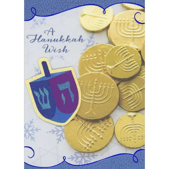 Designer Greetings 3D Die Cut Dreidel and Gelt on White Snowflake Background Hand Decorated Hanukkah Card
