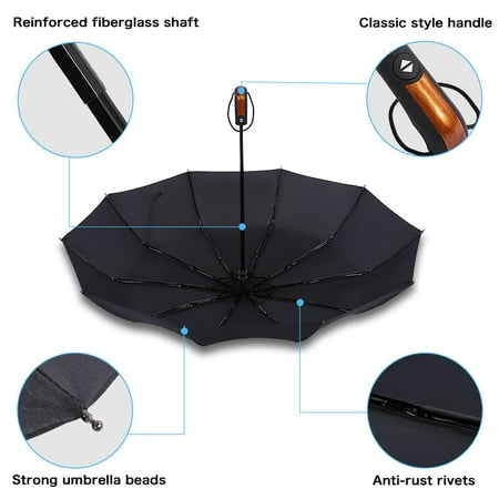 WALFRONT Large Rain Umbrella Black Windproof Travel Umbrella Auto Open ...