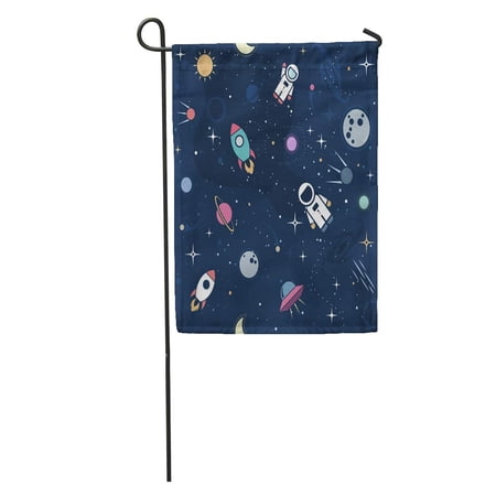 SIDONKU Blue Pattern Flat Space Cute Color Astronaut Spaceship Rocket Moon Black Hole Stars in Outer Kid Garden Flag Decorative Flag House Banner 28x40 inch