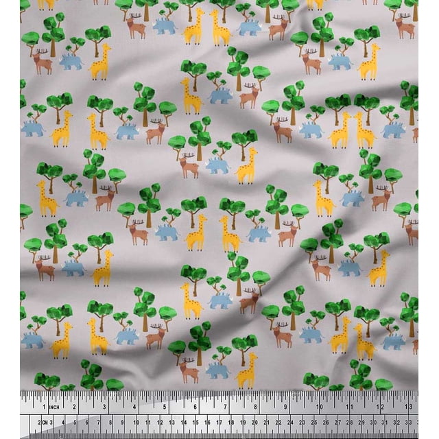 Soimoi Cotton Voile Fabric Tree,Giraffe & Reindeer Animal Decor Fabric Printed Yard 56 Inch Wide