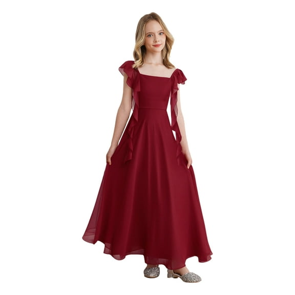 inlzdz Kids Girls Chiffon Bridesmaid Dress Square Neck Wedding Prom Formal Maxi Dress with Ruffles Burgundy 10